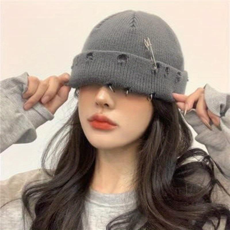 1pc Dark Elastic Knitted Hat with One Pin and Three RingsFor Girls, Without Border