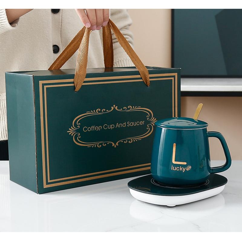 USB Aufladbarer Tassenwärmer Warme Suppentassen Kaffeetasse mit Deckel und Geschenkbox Aufbewahrungstaschen-Set Keramiktasse mit Edelstahllöffel Kaffeetassen