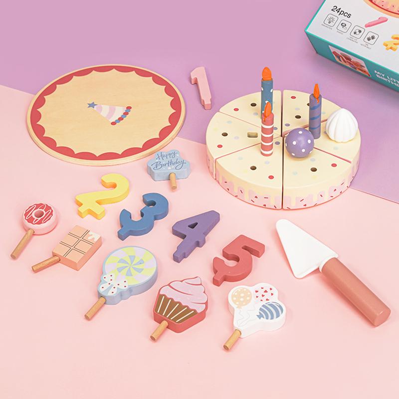 Wooden Simulation Birthday Cake Decorative Toys Educational Kitchen Cutting Food Role Play Game For Kids 2 Years Gifts
