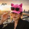Unisex Hip Hop Cap Cat Ear Trucker Hat, Baseball with Detachable Sunglasses, Fashionable Outdoor Sun Hat Adjustable Pilot Style for Travel UV