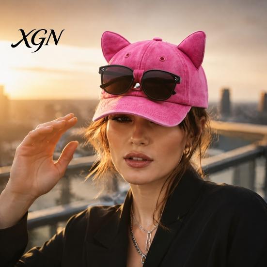 Unisex Hip Hop Cap Cat Ear Trucker Hat, Baseball with Detachable Sunglasses, Fashionable Outdoor Sun Hat Adjustable Pilot Style for Travel UV