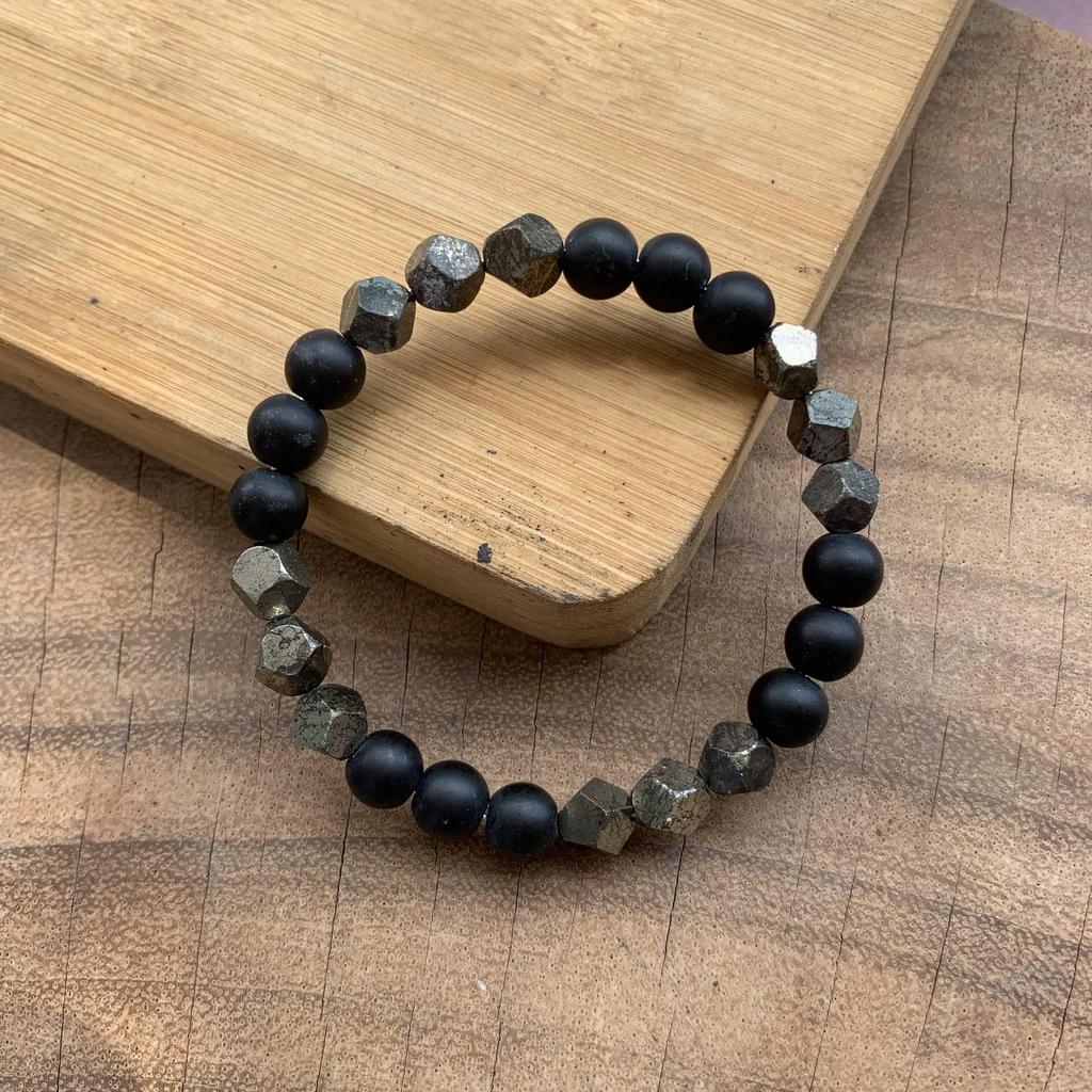 Faceted Chalcopyrite and Black Agate Bracelet