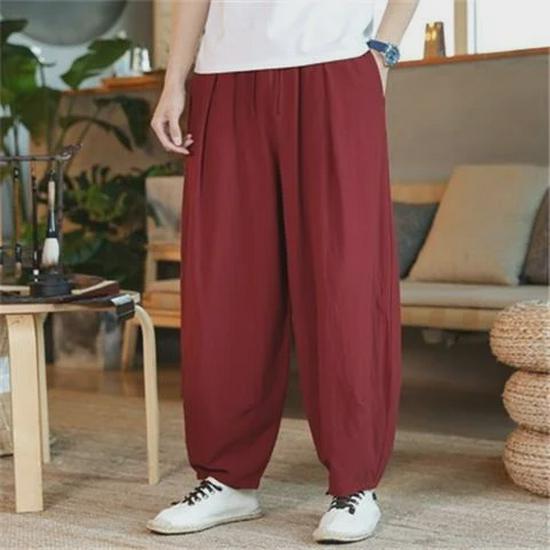 Men's Chinese-Style Loose Wide-Leg Cotton Linen Tai Chi Harem Pants 