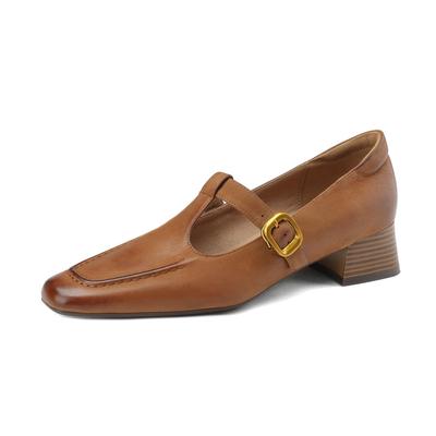 Sheep Suede Square Toe Chunky Med Heels Summer Shoes Buckle Straps Women Pumps