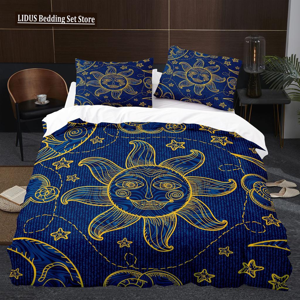 Antik Güneş Ay Nevresim Takımı King Queen Boyutu Mor Leylak Rengi Renkli Galaksi Psikedelik Boho Mandala Polyester Yatak Takımı