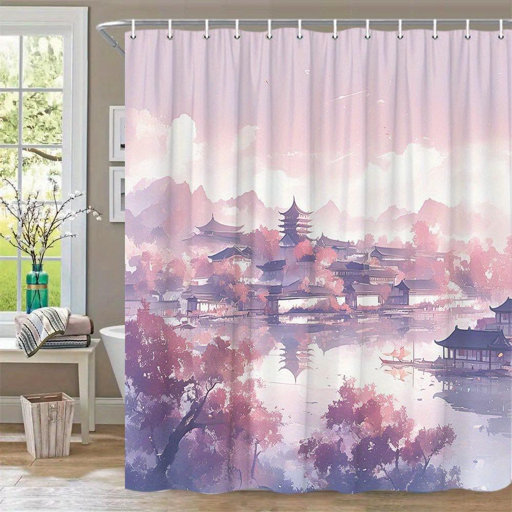 

1Pc Pastel Anime Bath Curtain - Serene East Asian Scene With Pagodas, Bridges, Pink Purple Trees & Reflective Water - Soft Blue W60H190(CM)-1 Pcs
