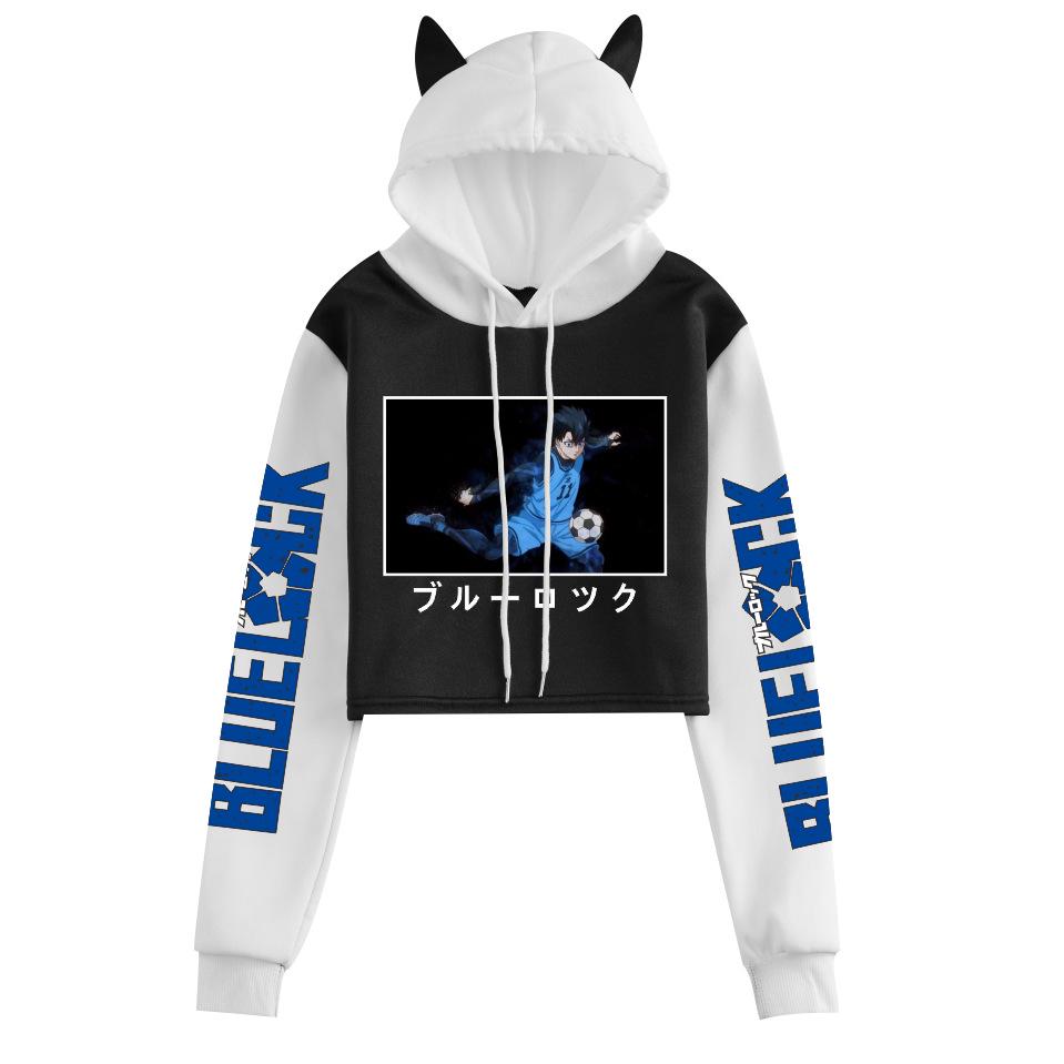 Blue Lock Cat Ear Color Block Hoodie with Plus Velvet