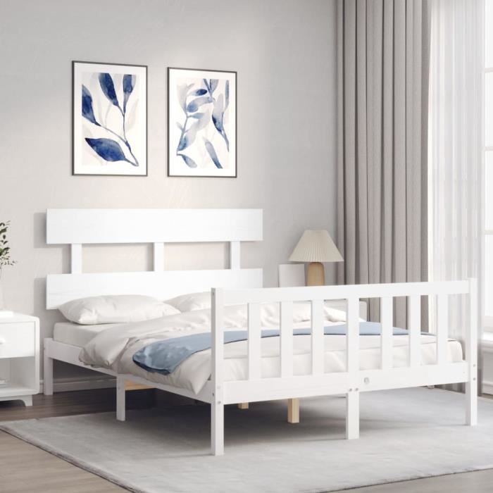 VidaXL Cadre de lit avec tête de lit blanc petit double bois massif 3193242
