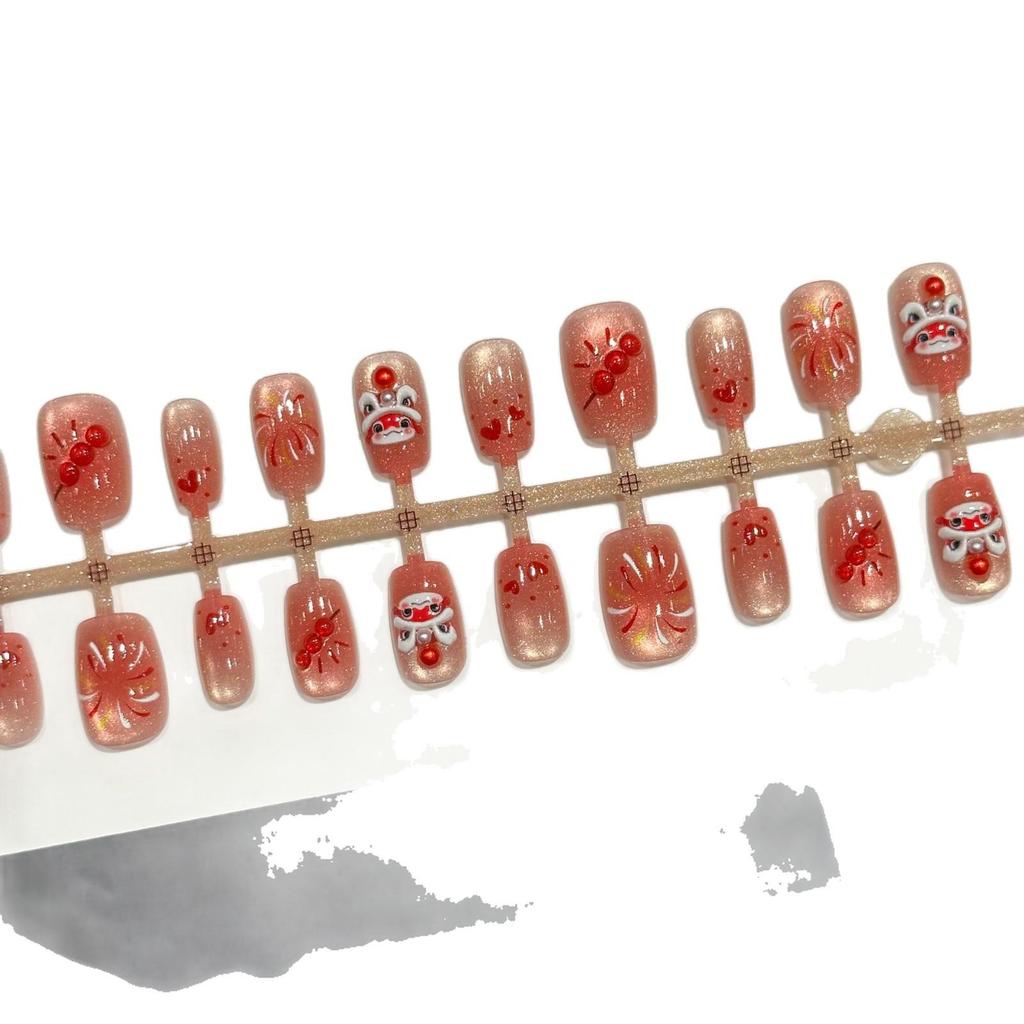 Resin Firework Lion Dance Red New Year Handmade Sparkle Cat Eye Nail Art Set - 30 Pieces