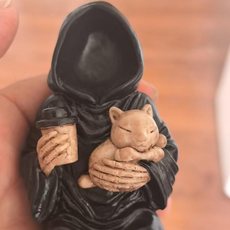 Gothic Emotional Support Figurine Grim Reaper Statue Halloween Decoration Holding Coffee & Cat Resin Desktop Ornament