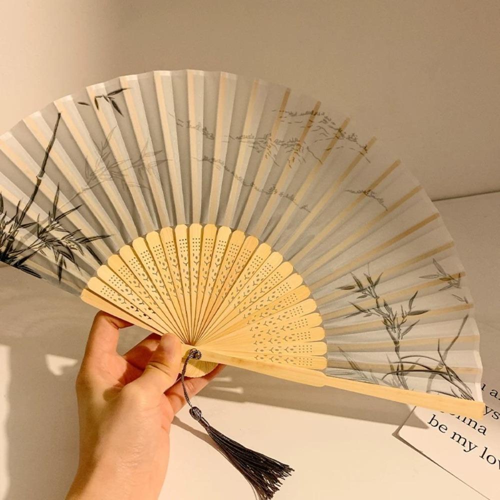 Portable Vintage Style Chinese Japanese Folding Fan Plastic Colorful Shank Classical Dance Fan Crafts Folding Photo Props Gifts