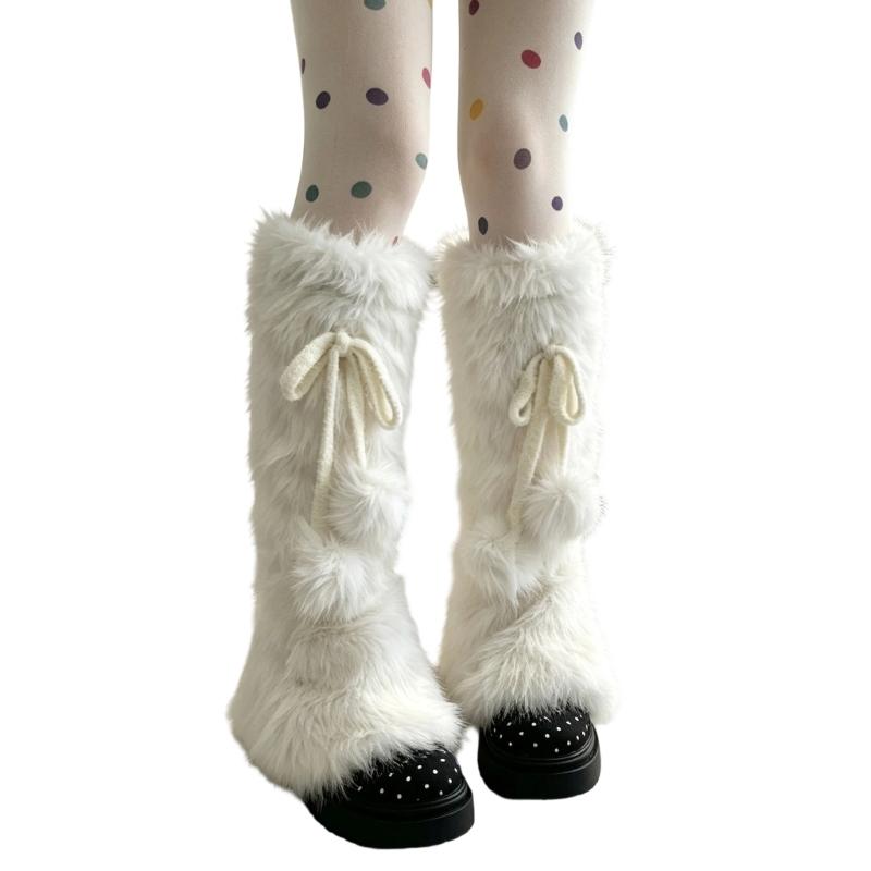 Plush Leg Warmers for Fall and Winter Layering, with Flared Lower Openings, and Bowknot Accent, Thick Faux Furs Boot Covers Long Socks for Women