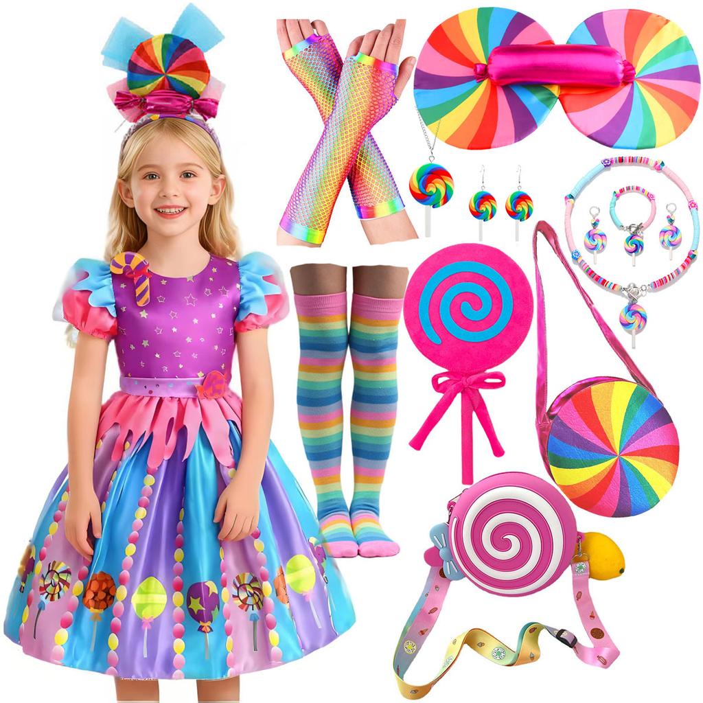 Vánoční večírek Nové Sladké Cukrátko Lízátko Šaty Purim Karnevalový Večírek Dívčí Maškarní Duha Krátký Rukáv Roztomilé Šaty Set