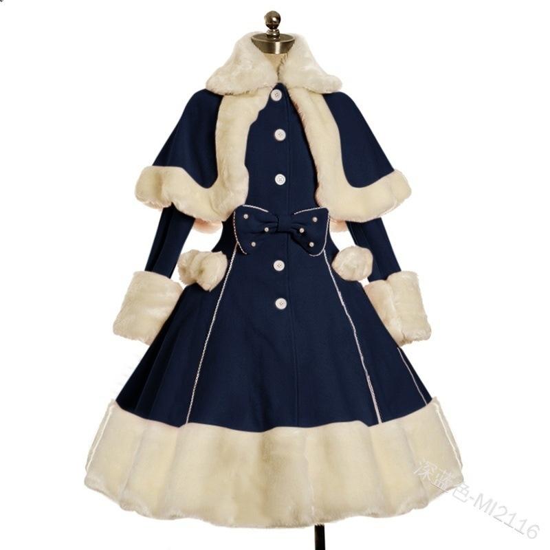Autumn and Winter Women's  Dress Lolita Dress Girl Skirt Winter Burr Lapel Cape  Waist Closing Thickened Princess Dress Vintage Lolita Dress