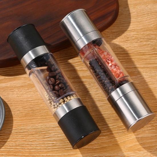 Salt And Pepper Grinder Double-Sided Spice Grinder 2 Compartments Adjustable Coarseness Transparent Spice Mill Easy Refill Spice Bottle for Kitchen