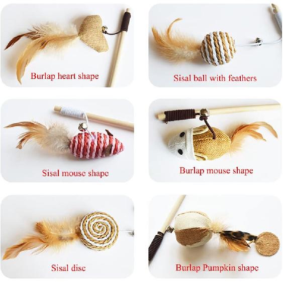 Artshu 6pcs 40cm Feather Linen Wand Cat Catcher Teaser Stick Interactive Toys Wood Rod Mouse Toy with Mini Bell