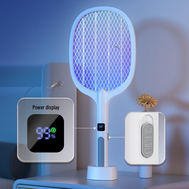 Rechargeable Electric Mosquito Swatter with Purple Light Attractant and Display Screen Stand, Indoor Use