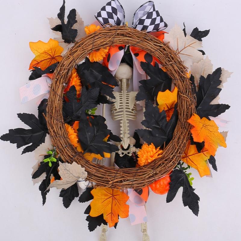 Halloween Skull Wreath Gothic Garland Creepy Decor Pendant For Front Door,Porch,Window, Indoor Outdoor Home Halloween Decor