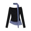 MR [Tmall Quality] Design Plaid Splicing Slim Long Sleeve T-Shirt Women's Niche Fake Two Off-Shoulder Top
