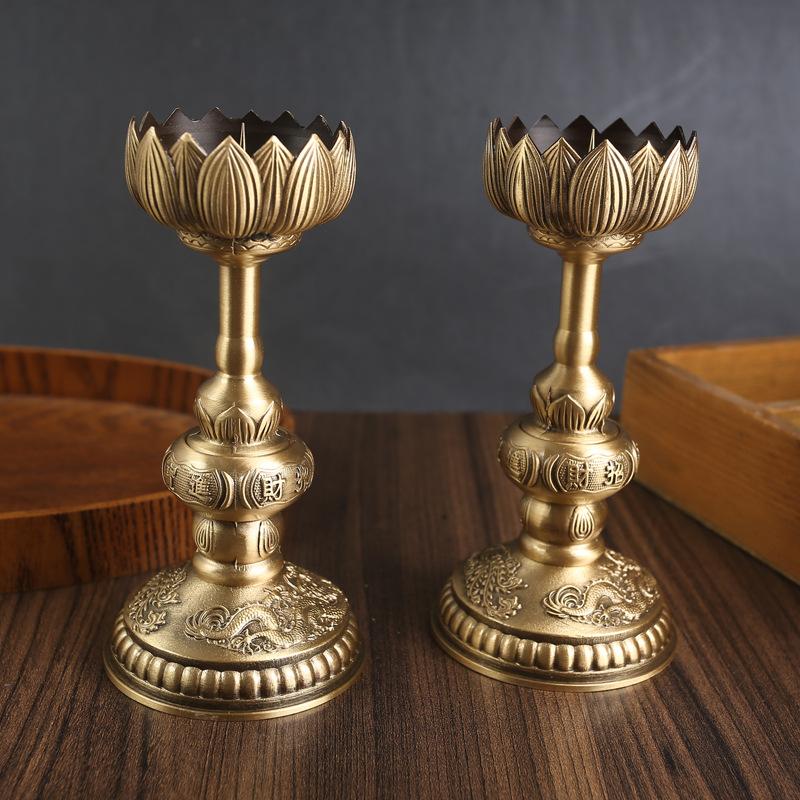 Messing Kerzenständer Ornament Basis, ein Paar Haushaltsverehrungsgötter, Buddha Frontlampenhalter, hoher Kerzenständer, Kupferprodukt