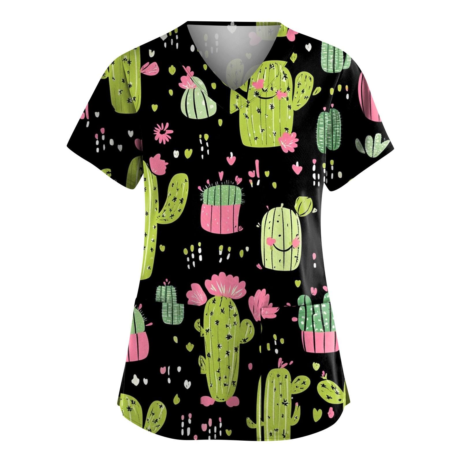 

Жіночий модний топ робочого одягу з V-подібним вирізом і милим рукавом із милим кактусом і короткими рукавами L армія зелений колір