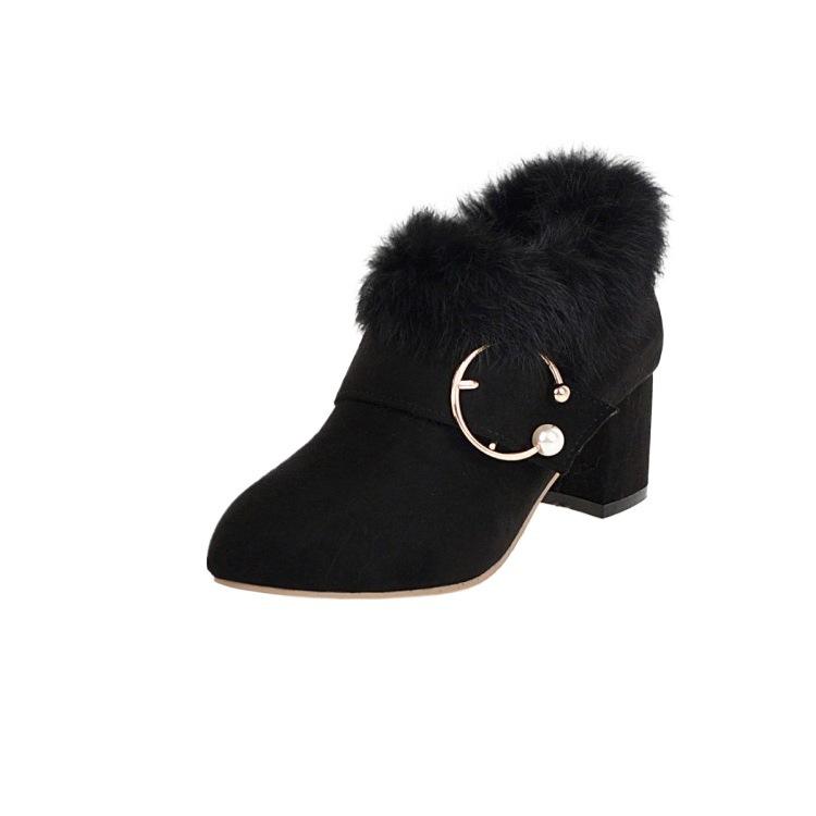 Autumn medium heel short boots women's boots fluffy neckline large size - metal beads Chengdu women's shoes