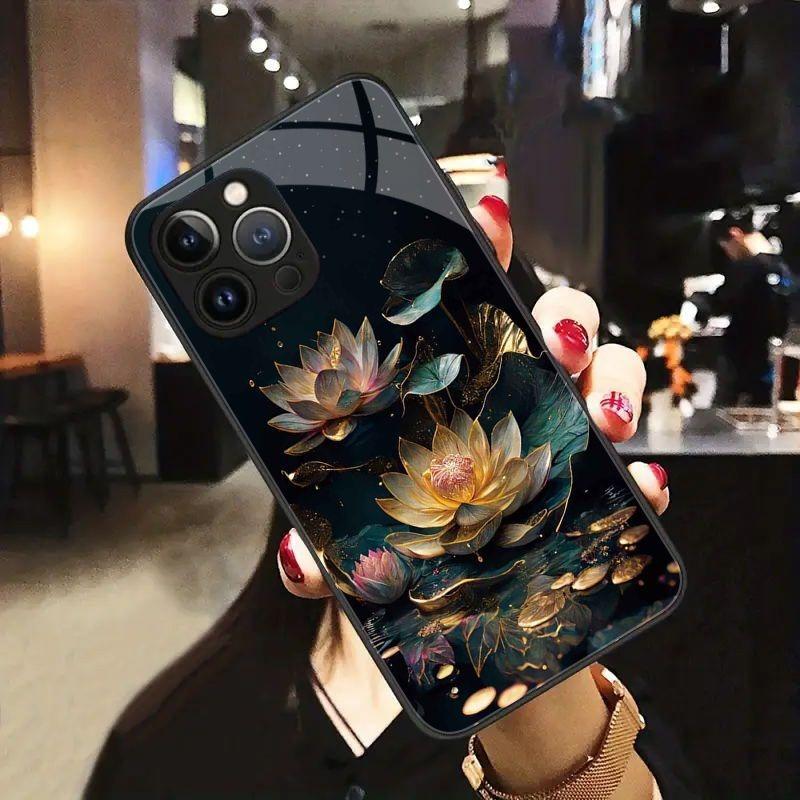 Lotus Pattern Anti-Fall Tempered Glass Phone Case For iPhone 11 12 13 14 15 16 17 Pro Max 17Air 16E 7 8 Plus XR XS X Cover