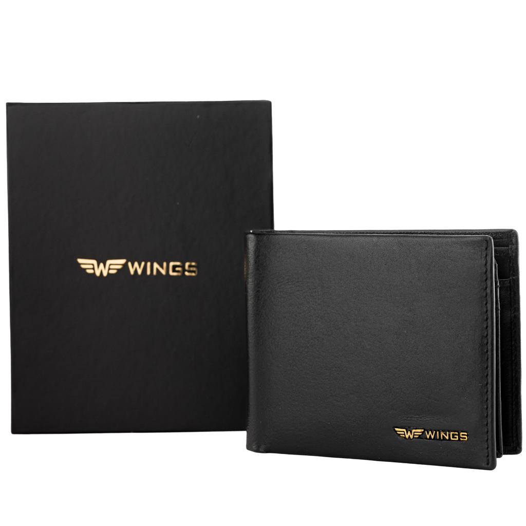 Wings Men' Genuine Cowhide Leather Wallet with Flip Flap Black
