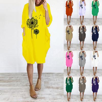 Women's Casual Loose Fit Pullover Dress with Round Neck and Pockets Featuring Printed Floral Design Comfortable Everyday Wear
