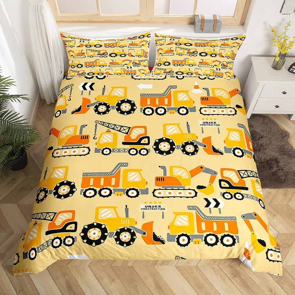 Truck Excavator Duvet Cover Set Queen Size For Kids Nursery Cartoon Tractor Engineering Vehicle Construction Theme Bedding Set