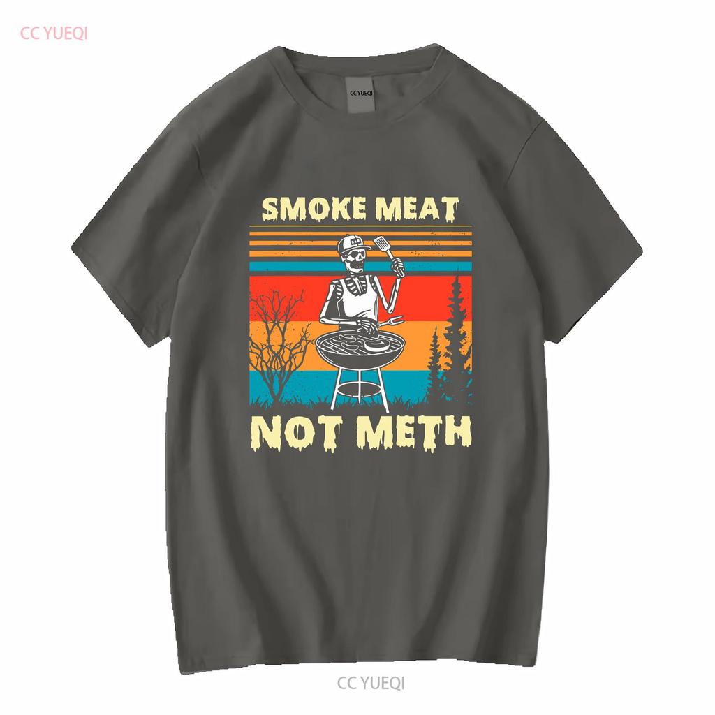 Funny BBQ Skeleton With A Hot Dog Smoke Meat Not Meth Master T Shirt long or short sleeves vintage Washed Top For Everyday Wear