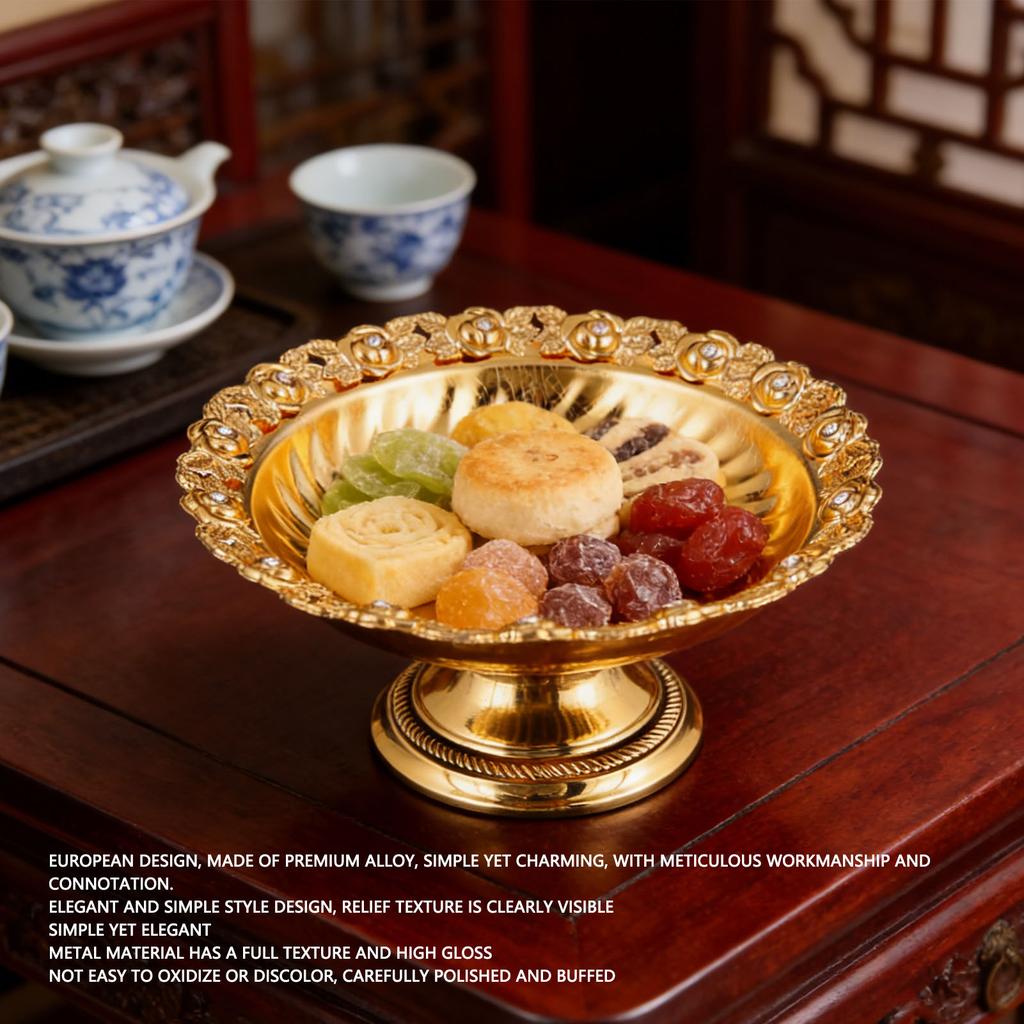 Footed Decorative Fruit Tray Vintage High Gloss Floral Carving Trim Metal Footed Fruit Plate for Snacks Nuts Gold