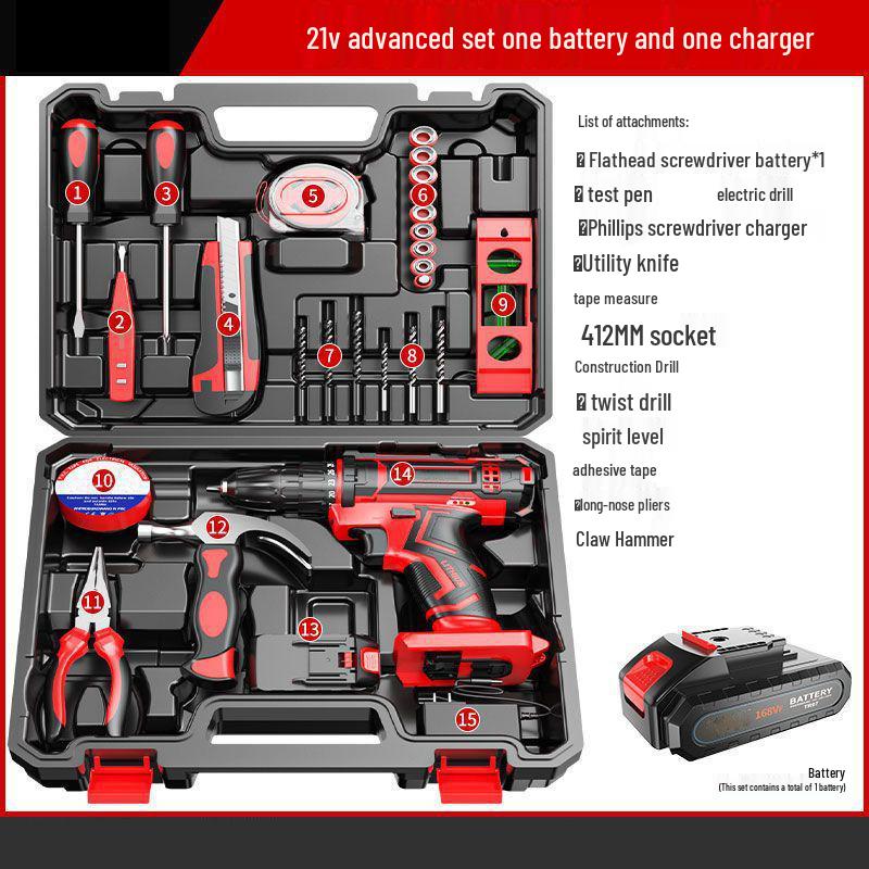 Cordless Lithium Battery Drill Hand Tool Set for Electricians & Carpenters - Multifunctional Repair Kit with Tool Box