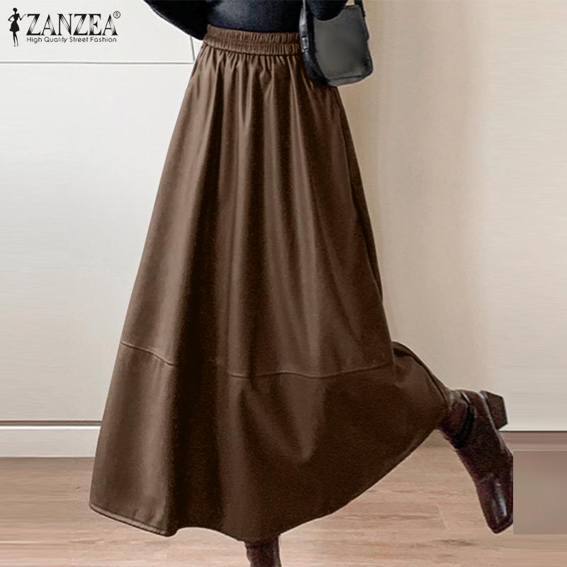 ZANZEA Women Casual Faux PU Leather A-line Long Skirts