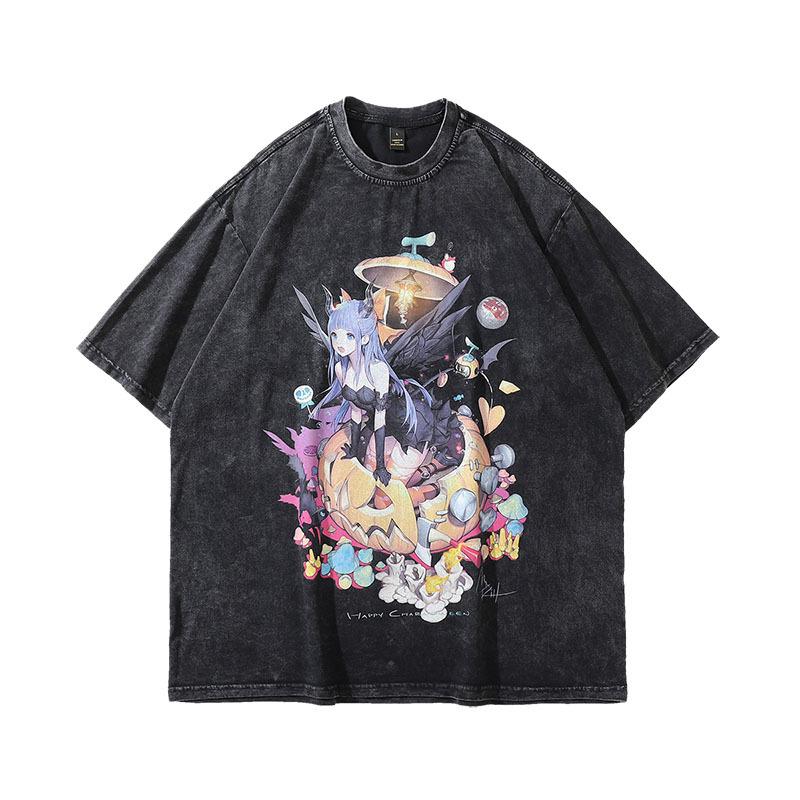 Harajuku Japanisch Y2K Spice Girls Anime Bedrucktes Gewaschenes Altes Kurzarm-T-Shirt Herren- Und Damen-Retro Guochao Marke T-Shirt