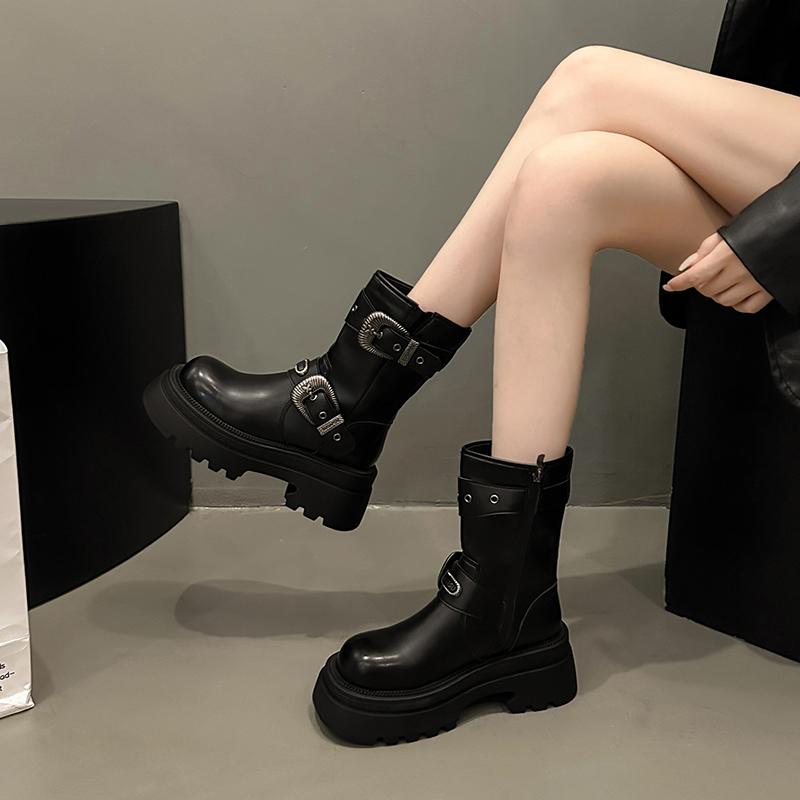 fashion women's boots round toe mid heel shoes for women outdoor fashion platform shoes zip metal decoration mid-calf goth modern boots