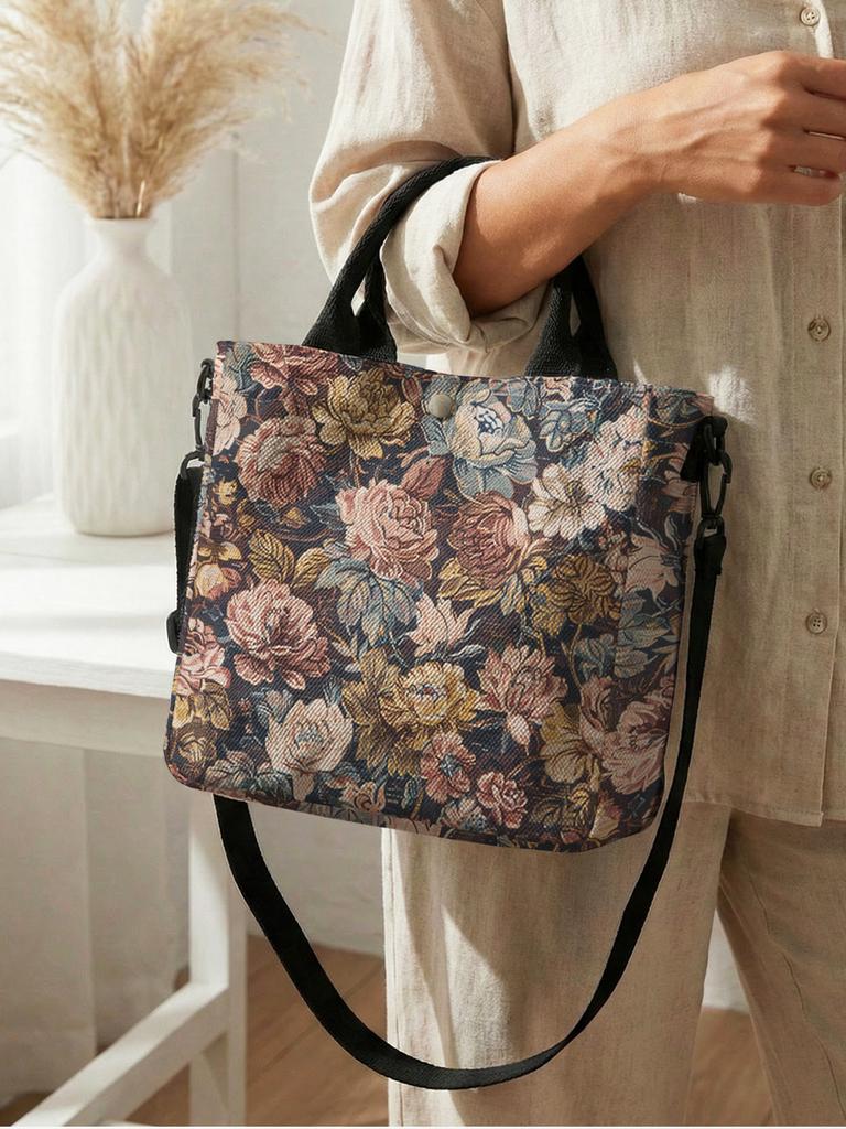 Vintage Dark Peony Rose Floral Canvas Tote Bag Detachable Strap Crossbody Handbag For Women Daily Shopping