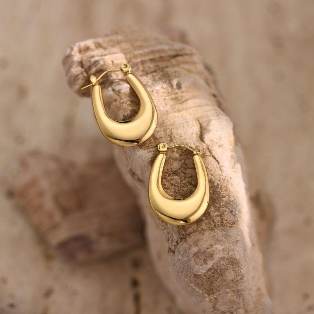 18K Gold Plated Geometric Hammered Stainless Steel Hoop Earrings