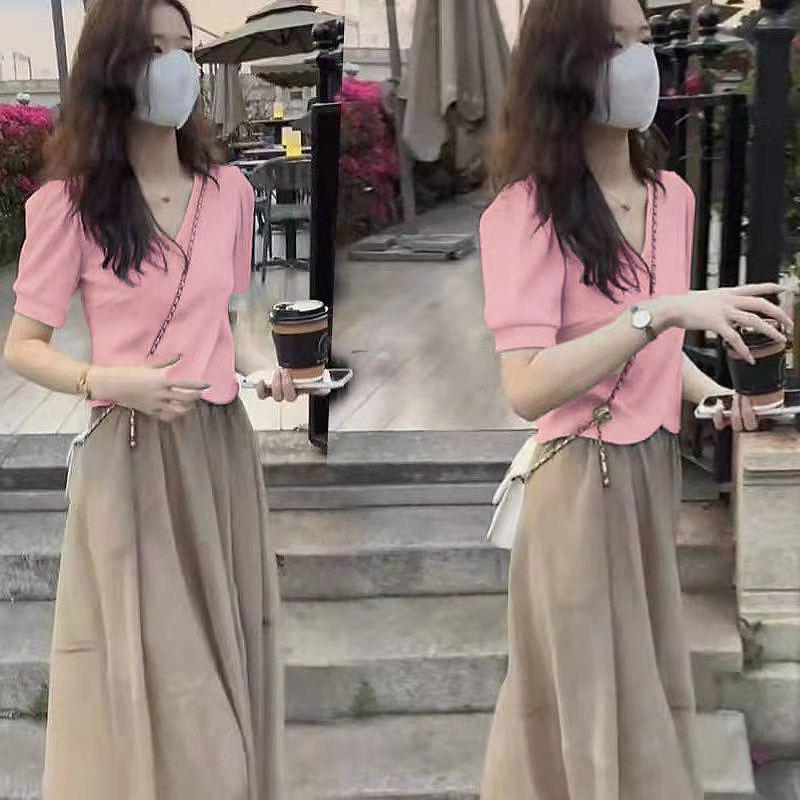 Women's Fashion Two-Piece Set: Spring/Summer V-Neck Short-Sleeved Top & Skirt - Slimming, Gentle Style