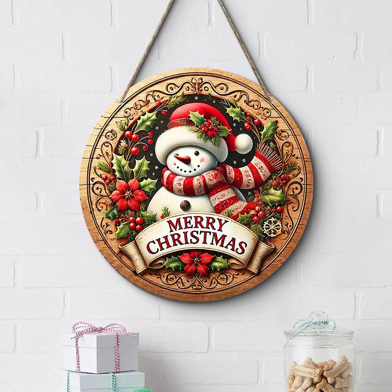 7.9" Christmas Wreath Centerpiece Decoration Wooden Round Holiday Wall Door Hanging Ornament Snowman Christmas Home Decor