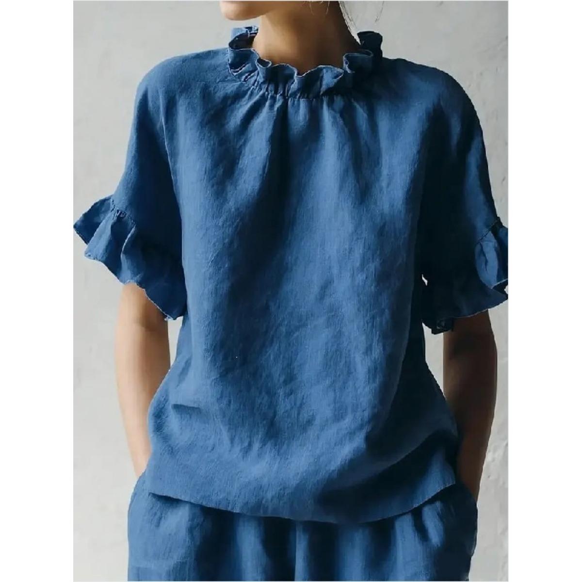 

Summer French Retro Linen Cotton Short Sleeve Top, Round Neck Ruched Ruffle Blouse for Women, European American Vintage Casual Top 3XL
