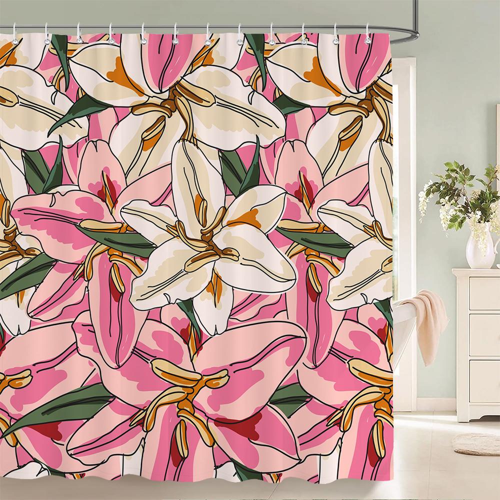 1Pcs elegant rose flower printed fabric waterproof shower curtain, romantic and fashionable rose bathroom decoration, with hooks