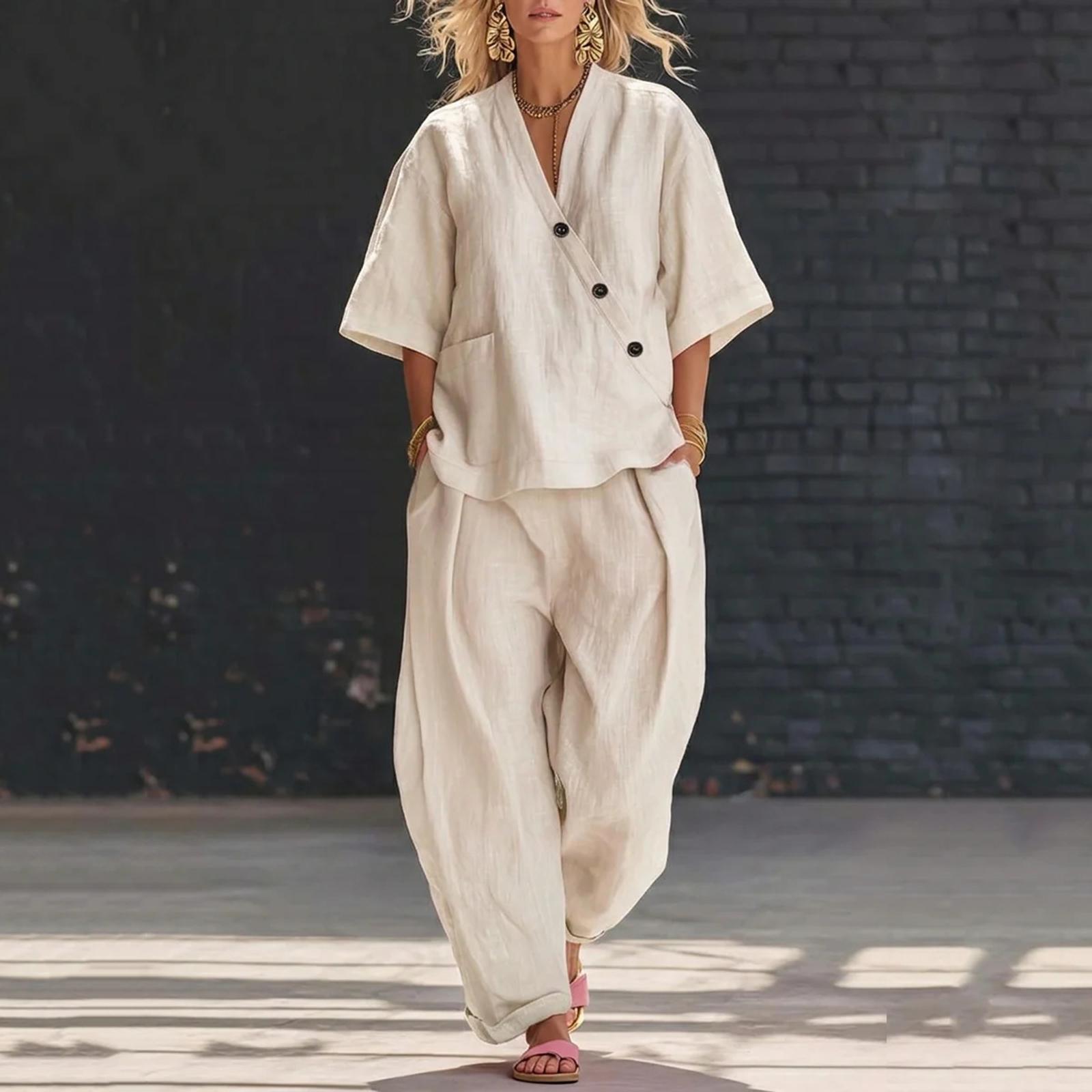 Women s Fashionable Casual Loose-Fit V-Neck Short-Sleeve Two-Piece Set L бежевый