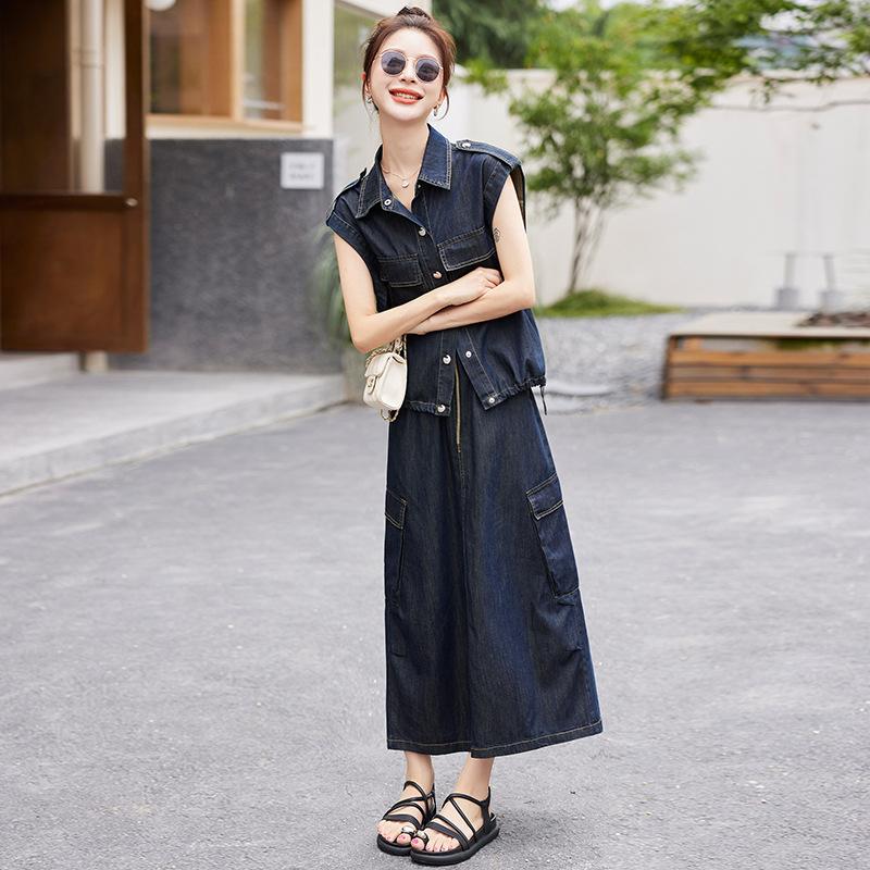 

Модный повседневный костюм юбка женский летний новый джинсовый топ без рукавов + юбка двойка трендовый XL джинсовый синий