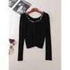 Scale Sequin Large Round Neck Long Sleeves Thin Knitwear Six Wool Pure Color Silm Pullover Clavicle Top Women