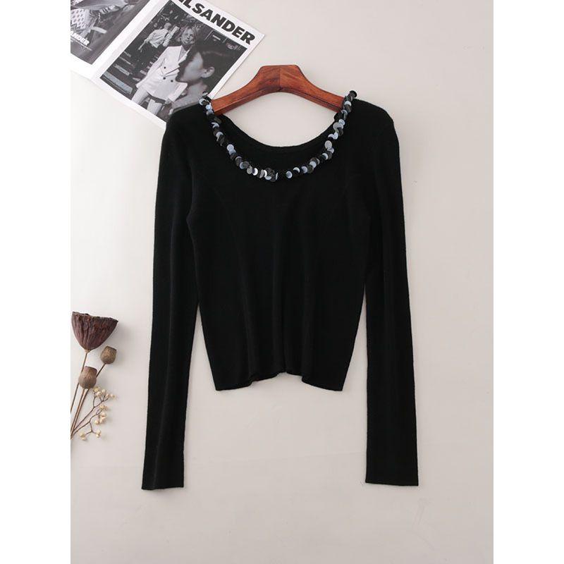 Scale Sequin Large round Neck Long Sleeves Thin Knitwear Six Wool Pure Color Silm Pullover Clavicle Top Women