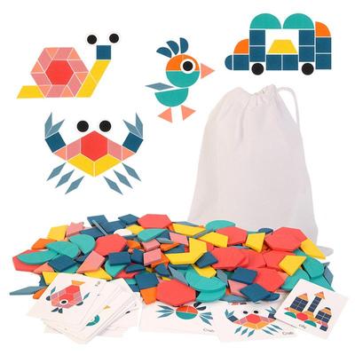 180pcs Set Wooden 3D Puzzles Colorful Geometric Shape Tangram Jigsaw Game Kids Montessori Learning Educational Toys for Childre