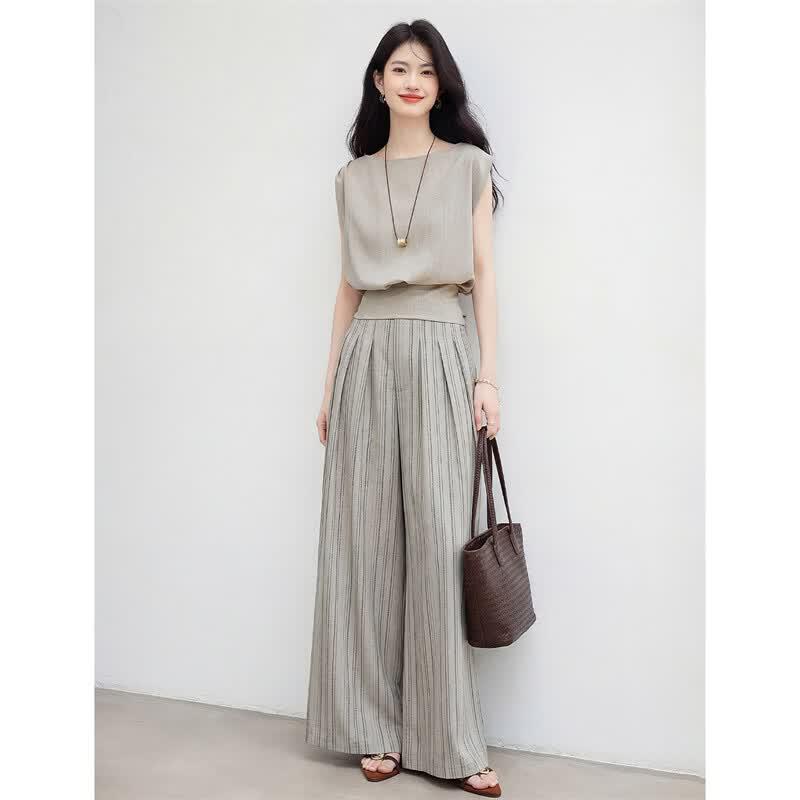 Women's Striped Sleeveless Top & Wide-Leg Pants Set