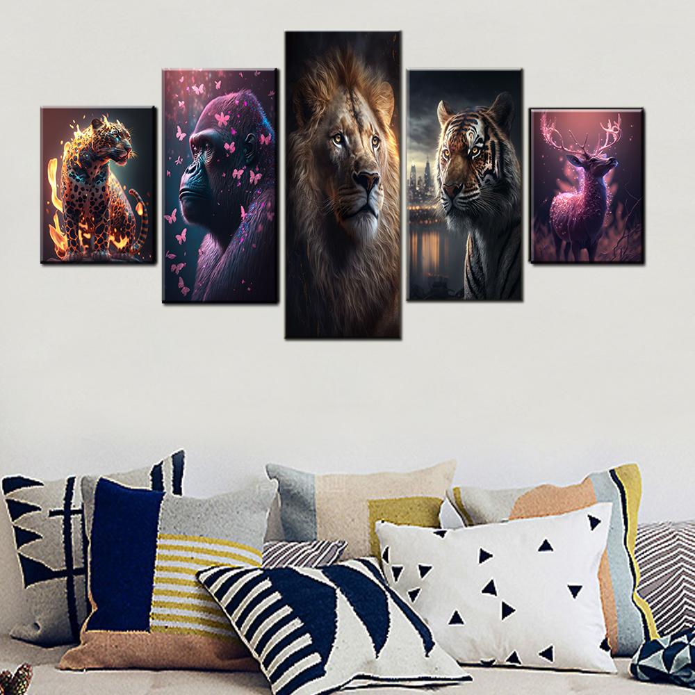 Mixed Animal Posters for Home Decor Canvas Wall Art Tiger Fantasy Deer Jaguar Gorilla Lion Picture Living Room Picture Print Art No Frame