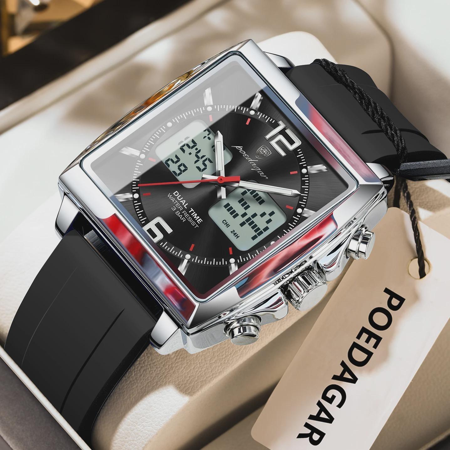 

POEDAGAR Men Wristwatch Week Date Digital LED Quartz Fashion Man Clock Alarm Dual Time Display Electronic Luminous Men s Watches чёрный/серебряный